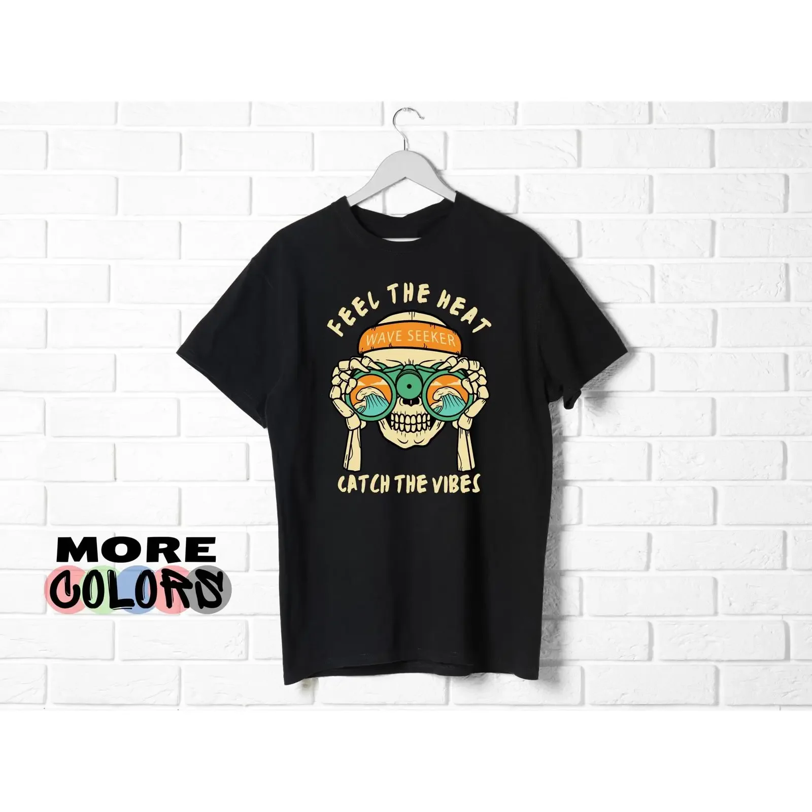 Feel The Heat Catch Vibes Wave Seeker Skull Print T Shirt Summer Beach Surfer Casual Comfortable  vintage Washed streetwear