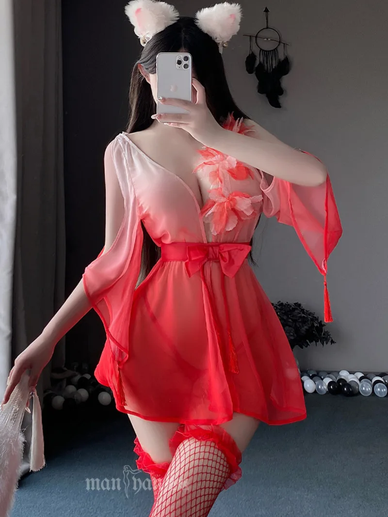 Fairy Tops Sexy Gradual Transparent Red Girl Nightgown Kimono Uniform Christmas Dress Elegant Sheer Fashion Goddess Dress LQ4P