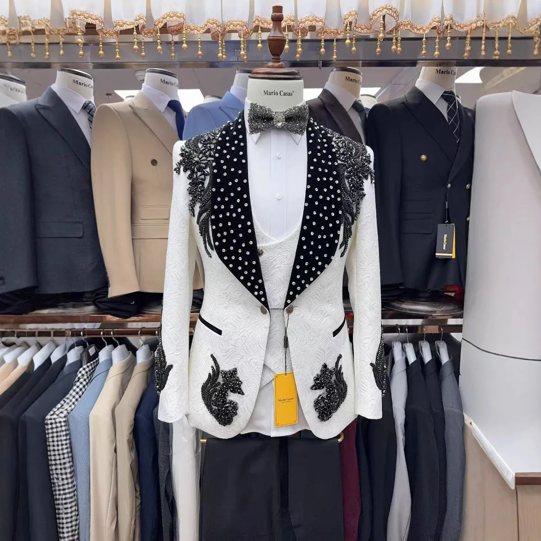 

Prom Jacquard Fabric Men High Quality Business Suits 2Pieces Blazer Pants Beaded Appliques Tuxedo Man Office Clothing Customized