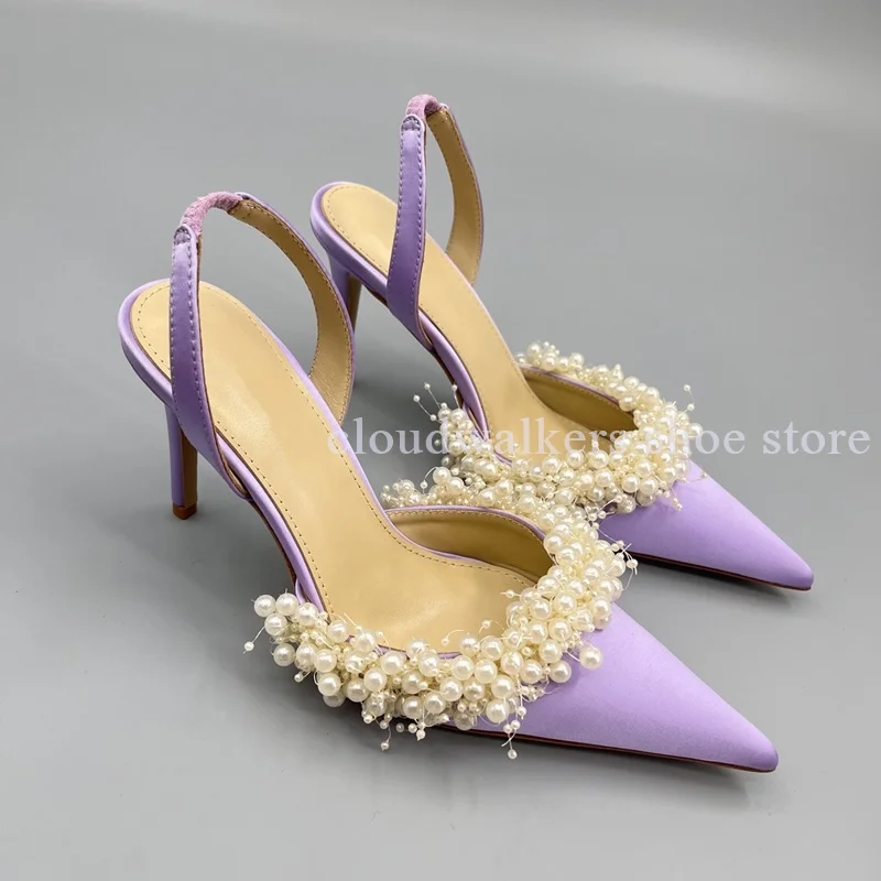 Graceful White Pearl String Bead Silk Satin Point Toe Sandal Slingback Back Strap Stiletto Sandal New Design Sense Wedding Shoes