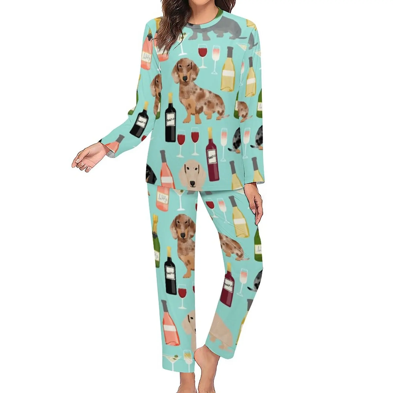 Dachshund Wine Pajamas Champagne Cocktails Room Oversized Sleepwear Women Pajama Set Hot Sale Long Sleeve Lovely Home Suit