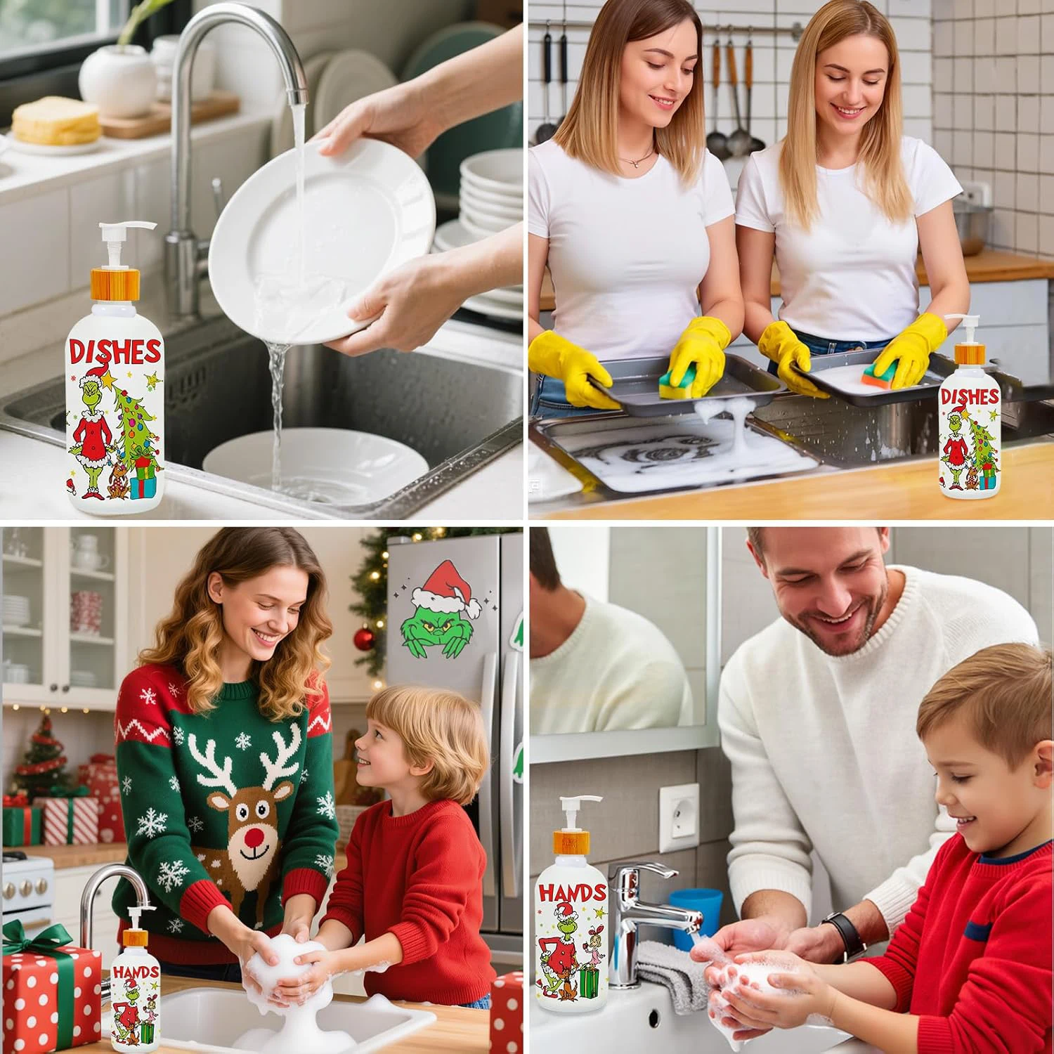 2-teiliges Weihnachtsseifenspender-Set, Urlaubshandseifenspender mit Pumpe und Tablett, nachfüllbare weiße Flaschen für die Küchenspüle – Detail 5