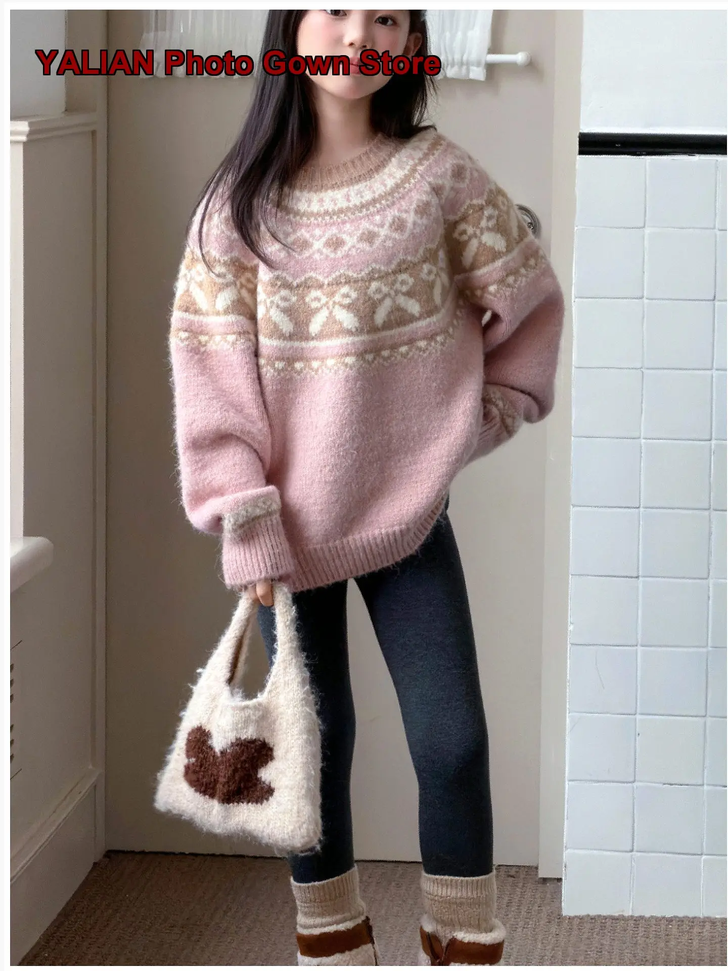 Girls Fair Isle Knit Sweater Girls Long Sleeves Round Neck Cute Design Innerwear for Winter