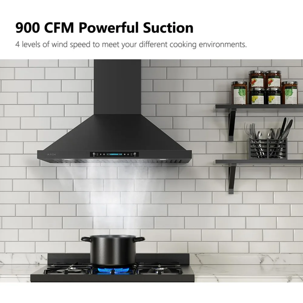 36 inch Black Wall Mount Range Hood, 900 CFM Ducted/Ductless Stainless Steel Vent Hood with Gesture Sensing