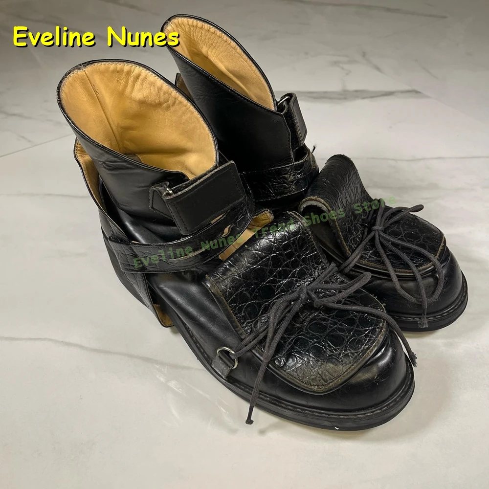 

Женские черные кожаные ботильоны на платформе с тиснением под крокодила, на шнуровке, в стиле готика-панк Y2K, массивные туфли на шнуровке с пэчворком, 2026