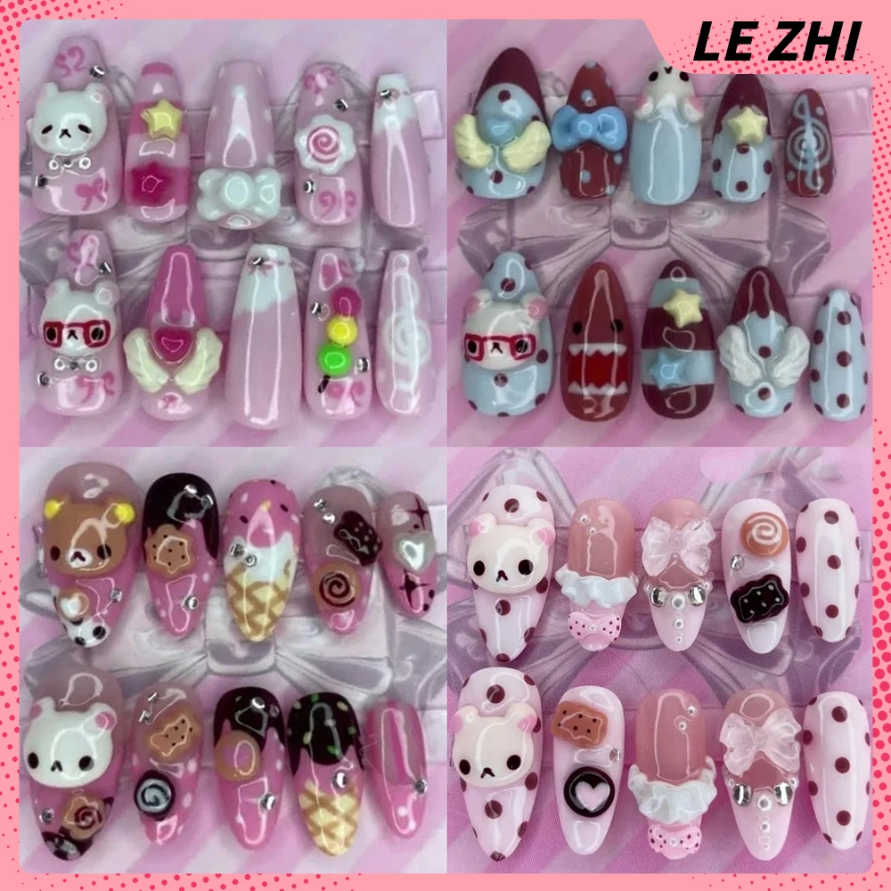 

Cartoon Rilakkuma Handmade Long Coffin Almond Press On Nails Cute My Melody Cinnamoroll Cookie Cake Bow Polka Point False Nail