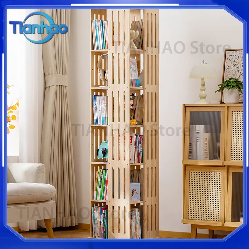 Rotating Solid Wood Bookshelf 360° Floor Shelf for Living Room Simple Children's Bookcase Home Light Luxury High-End Feel Wow