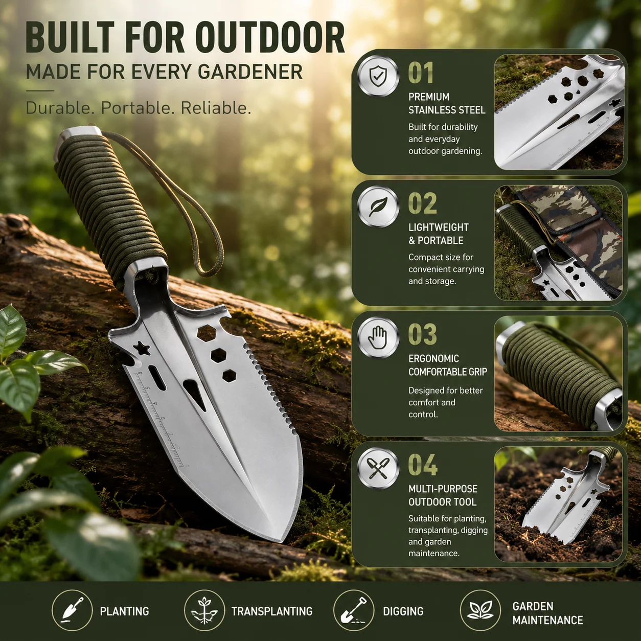 Portable Stainless Steel Garden Hand Trowel Compact Gardening Shovel for Planting Transplanting Potting Outdoor Garden Tool