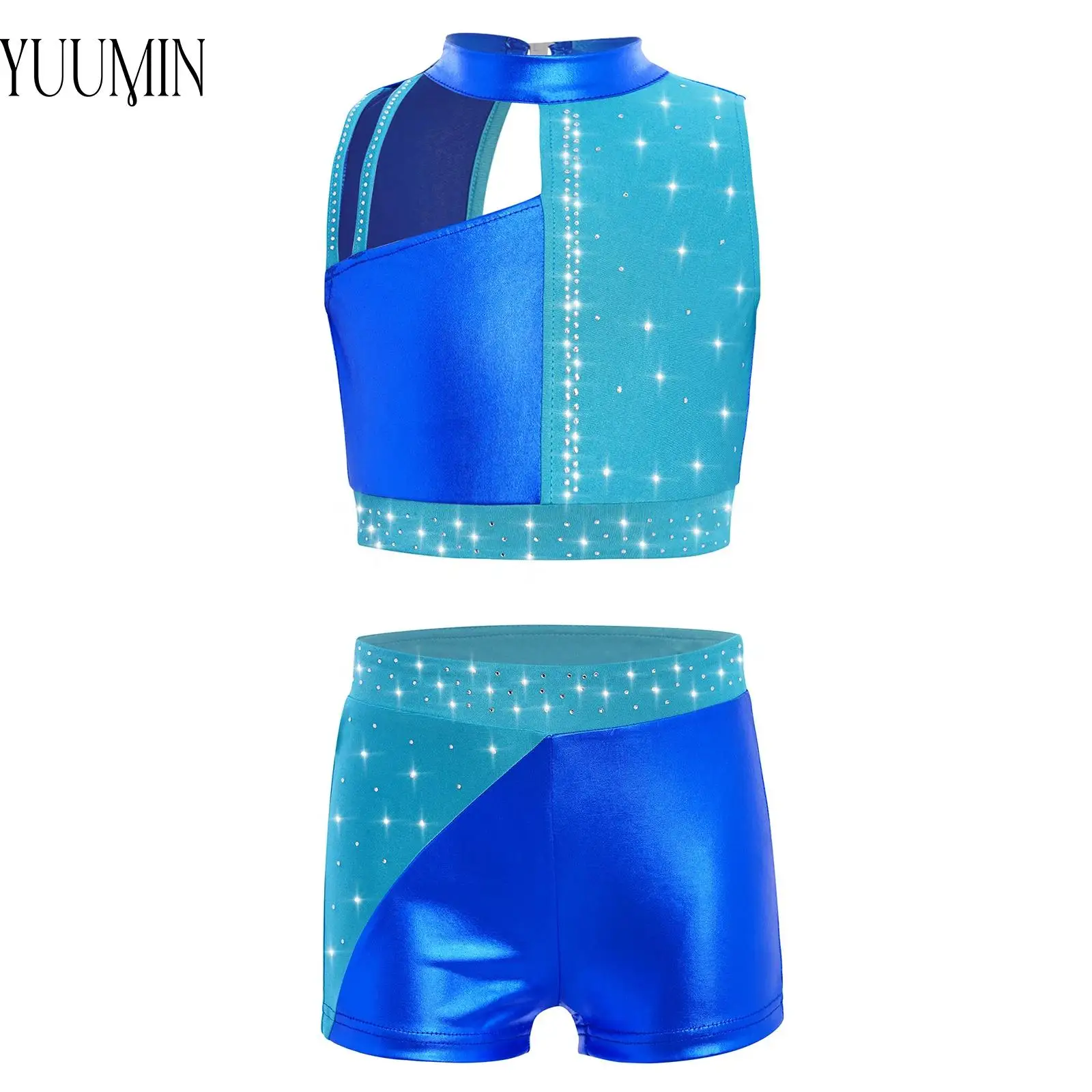 لامعة الراين الجمباز الإيقاعي الرقص الزي الاطفال الفتيات الباليه الرقص أداء مجموعات أكمام معدنية المحاصيل الأعلى + السراويل #1