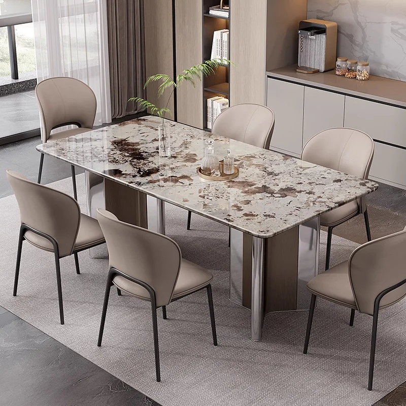 Light luxury high-end marble dining table and chairs combination natural snow-capped mountain flying fox dining