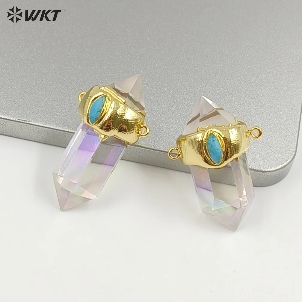 WT-P1552 WKT Wholesale Clear Stone Pendant Natural Double Point spirit Quartz Pendant In Gold Plated Women Jewelry Stone Pendant