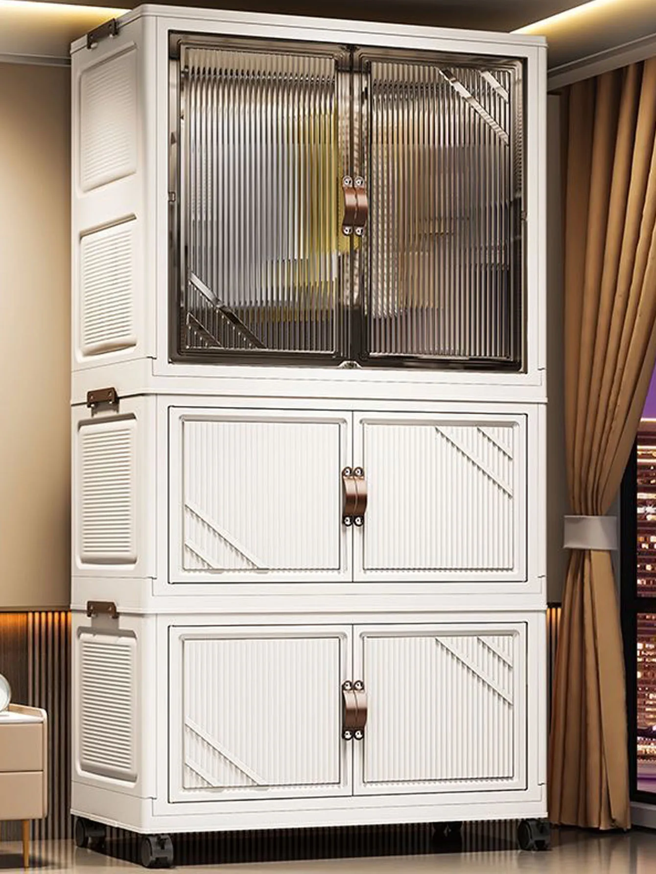 A multi layered closet a multifunctional box for storage an open door and an easy to assemble transparent plastic storage