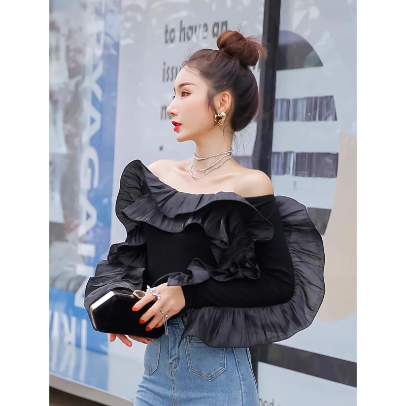 Korean Fashion Women White Slash Neck Ruffles Patchwork Blouse Sexy Cropped Top Elegant Female Black Slim T-Shirts Party Blouses