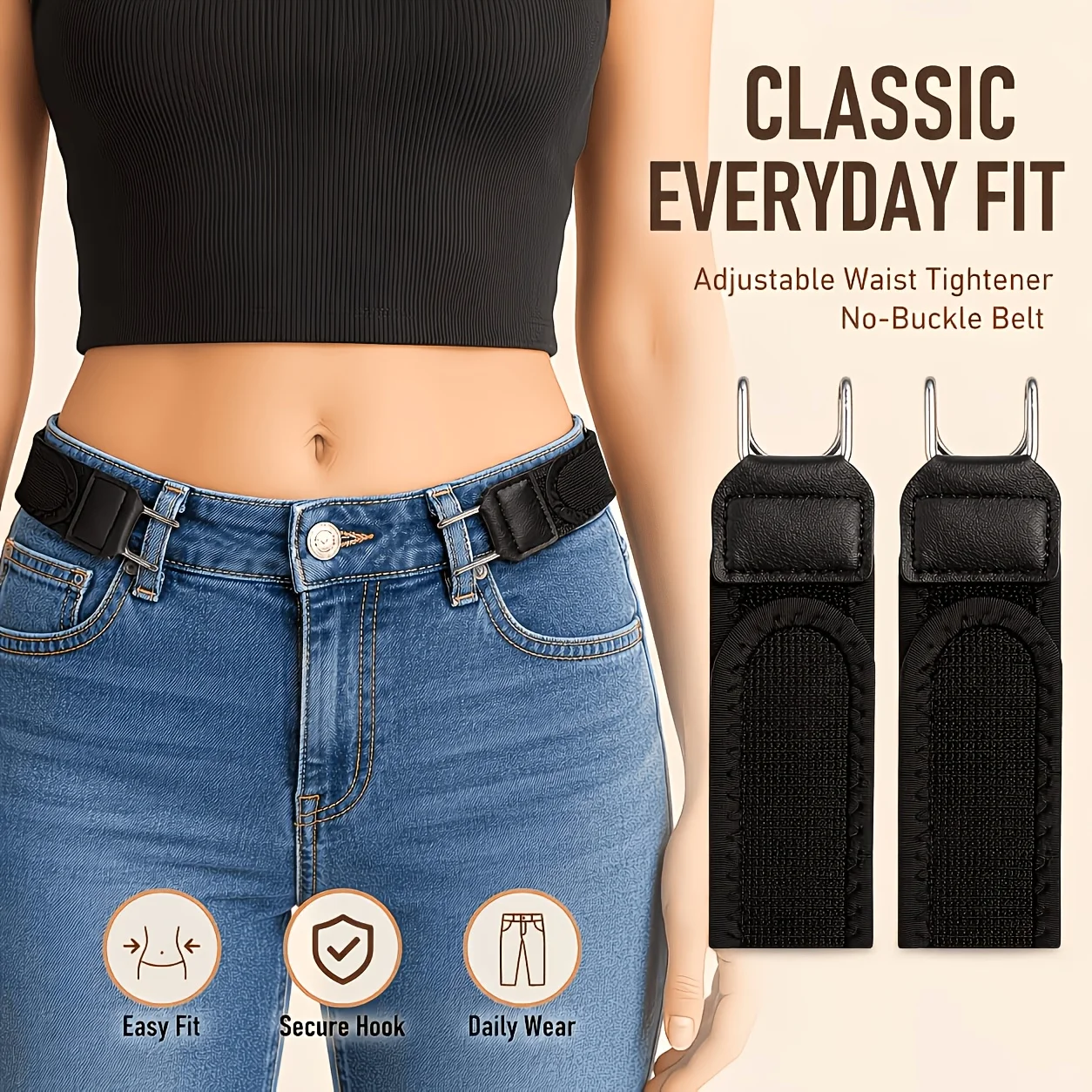 Adjustable Elastic Belt Buckle with Metal Hook No-Buckle Stretch Waist Extender for Men Women Portable Lazy Waistband Tool