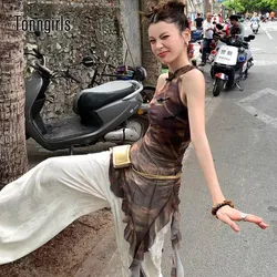 Tonngirls Vintage Sexy Irreugual Tank Tops Sleeveless Tie Dye Slip Camins Tops Y2k Gothic Halterneck Tops Summer See Through