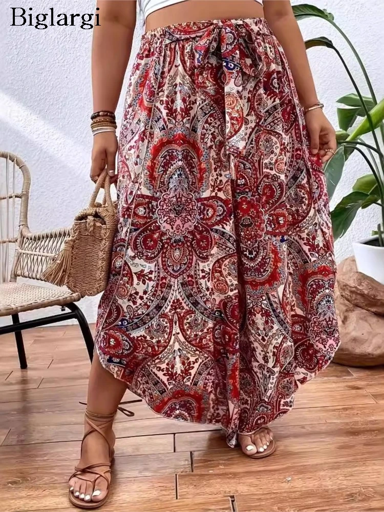 Plus Size Bohemian Style Summer Wide Leg Pant Women Geometric Print Fashion Ladies Trousers Loose Casual Pleated Woman Pants