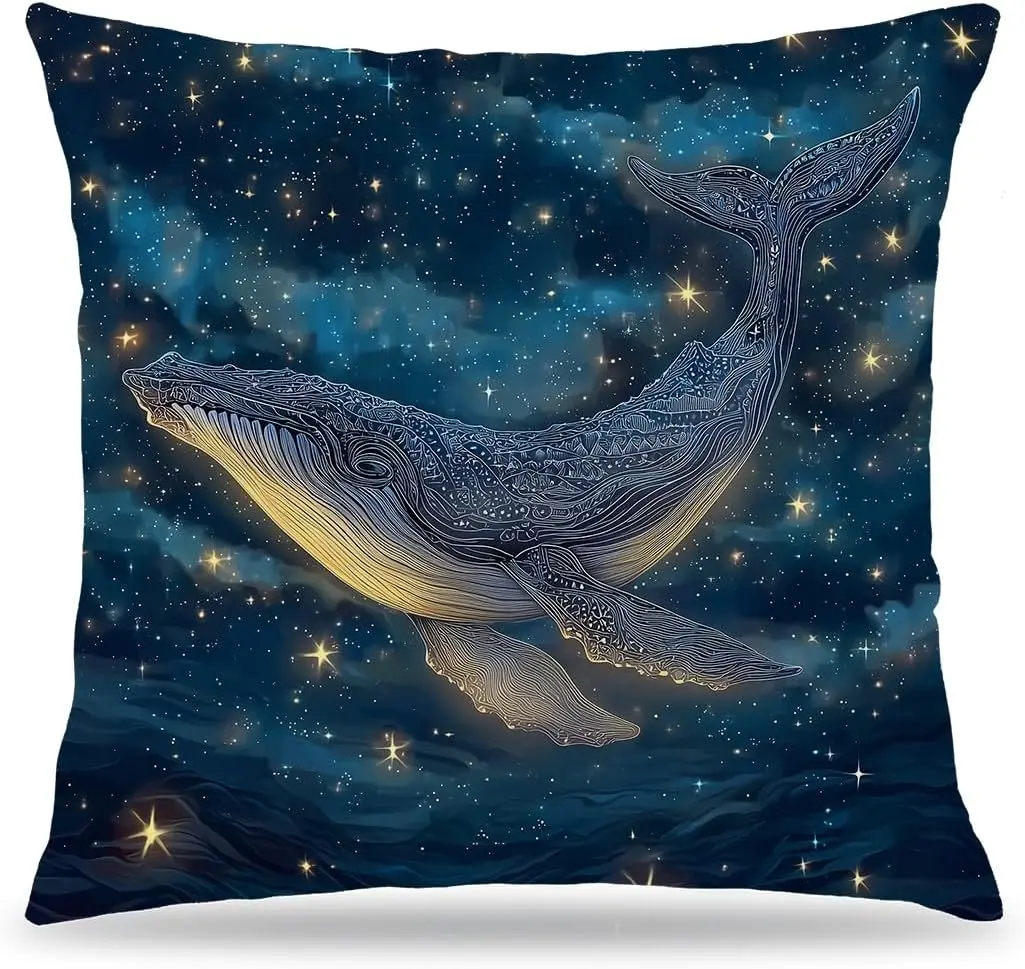 Celestial Whale Galaxy Pillow Cover Polyester Cushion Throw Decor Starry Night Ocean Deep Sea Artistic Aesthetic Bedroom Living