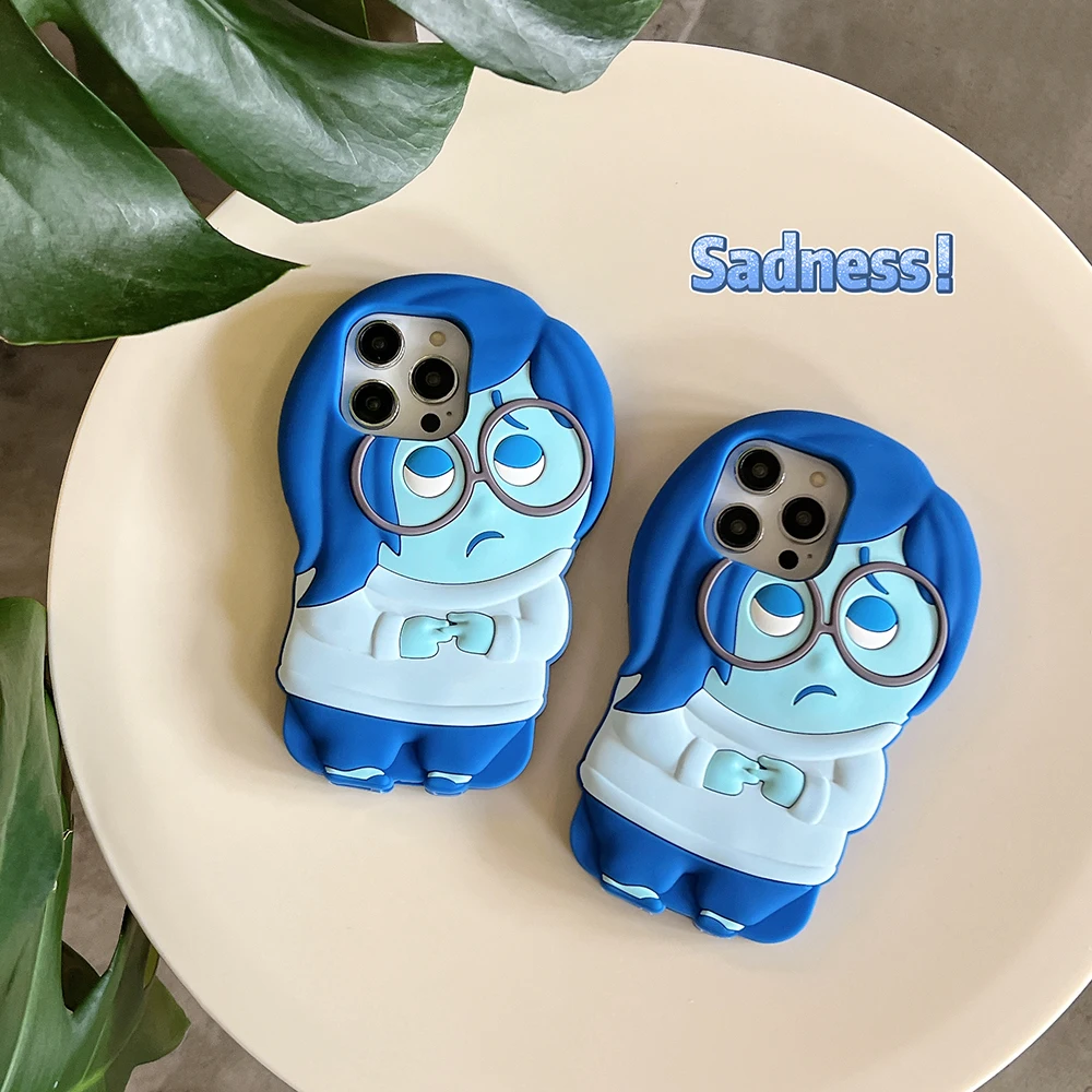 3D Cartoon Stereoscopic Blue Disneies Inside Out Phone Case for IPhone 15 14 13 12 11 Pro Max Plus Soft Silicone Back Cover Gift