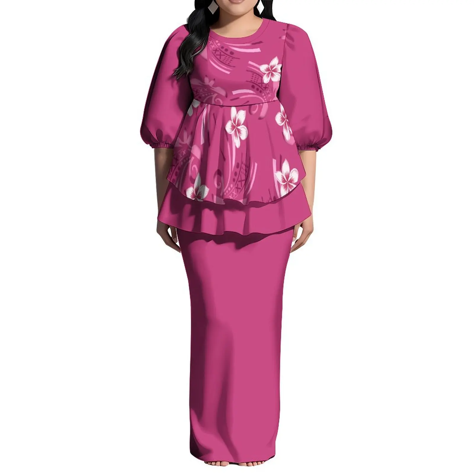 جزيرة المحيط الهادئ الفن تصميم مخصص سيدة الظهر الشق فستان ساموا نفخة الأكمام جولة الرقبة فستان بولينيزيا Puletasi فستان مكشكش 2 قطعة