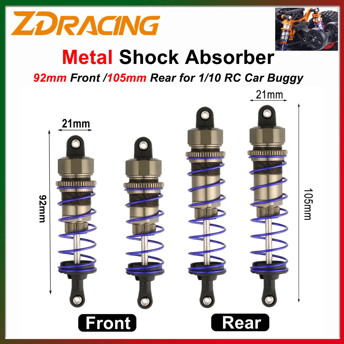 ZD Racing 92mm Front 105mm Rear Metal Shock Absorber Negative Pressure Damper for 1/10 RC Car Buggy Truck Truggy Redcat HPI Part