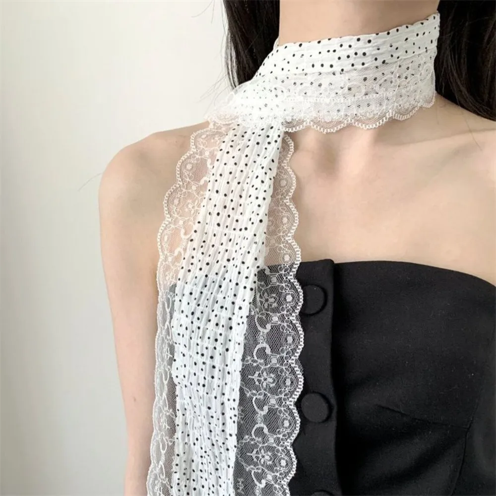 Korean Retro Polka Dot Lace Scarf Long Slim Lace Edge Long Slim Neckerchief Thin Spring Summer Scarf Women