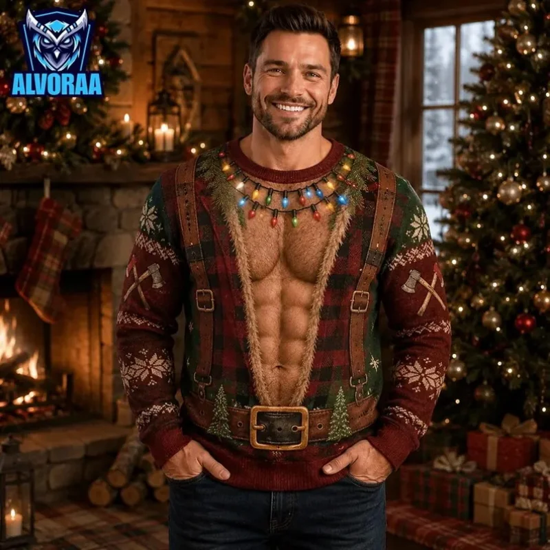 Men Crewneck Sweatshirt Funny Fake Soldier Muscle Body Print hoodie Christmas Colorful Light Snowflake Xmas Pullover sweater Top