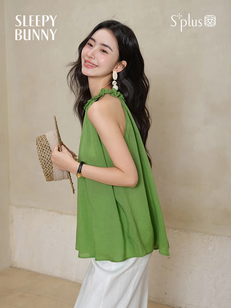 Green Halter Neck Tank Top Women Summer Loose Fit Sleeveless Blouse Lightweight Flowy Cami Vest Casual Chic Solid Color Petite