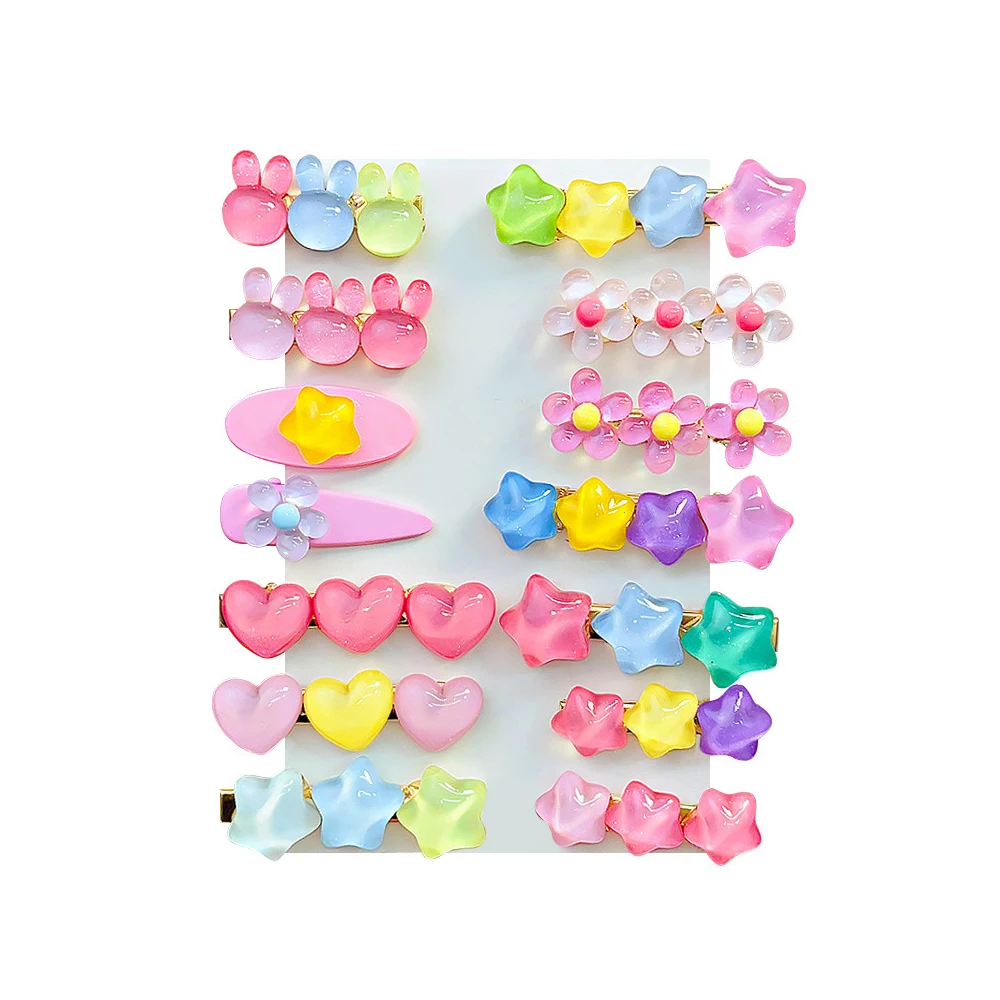 【14 Piece Set】Children\'s Candy Colored Star Headdress Set Girl\'s Love Hair Clip Bangs Side Clip Broken Hairpins Baby\'s Line Clip