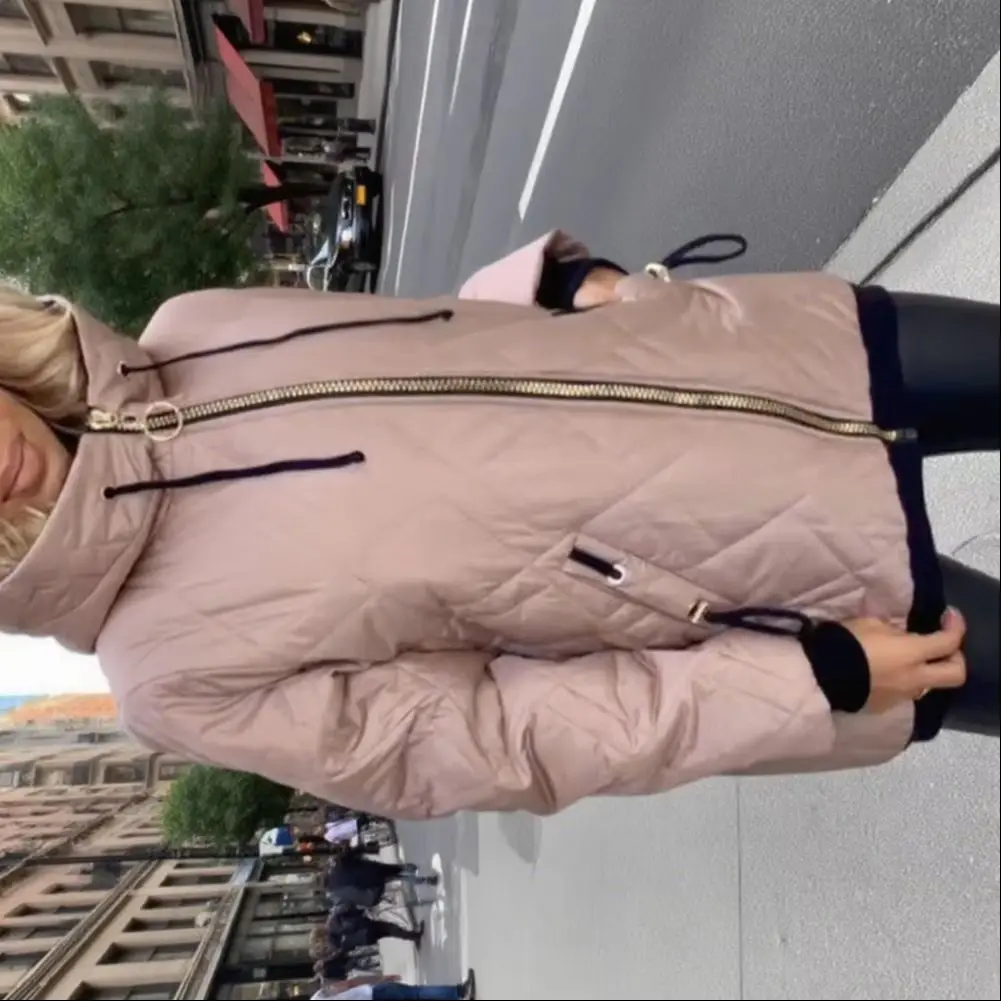 Chaqueta de plumón de estilo básico 2025, Chaqueta de algodón de Color sólido para mujer, abrigo con capucha y cordón, Chaqueta de algodón cálida de manga larga para mujer