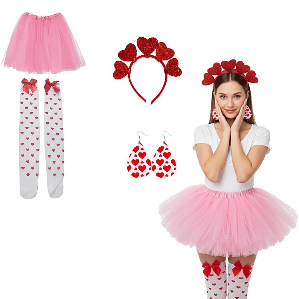 PESENAR Conjunto de fantasia de coração rosa e vermelho para dia dos namorados, saia tutu, faixa de cabeça, meias, brincos, acessório