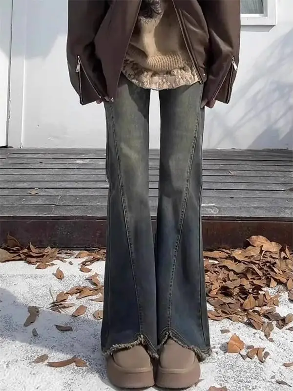 

Retro Frayed Hem Micro Flared Denim Jeans Women Early Spring plus Size Slimming Hip Concealing Long Pants Autumn Winter
