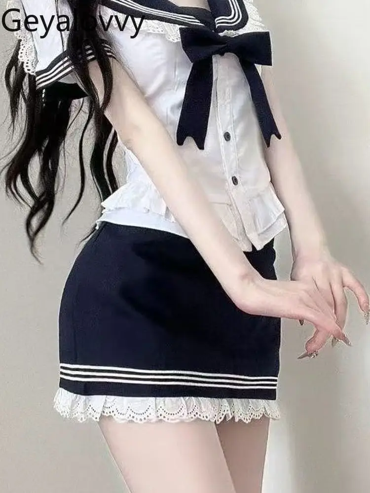 Pure Desire Hot Girl JK Uniform Set Summer College Style Navy Collar Short Sleeve Shirt + Bodycon Short Skirt Two-Piece Set
