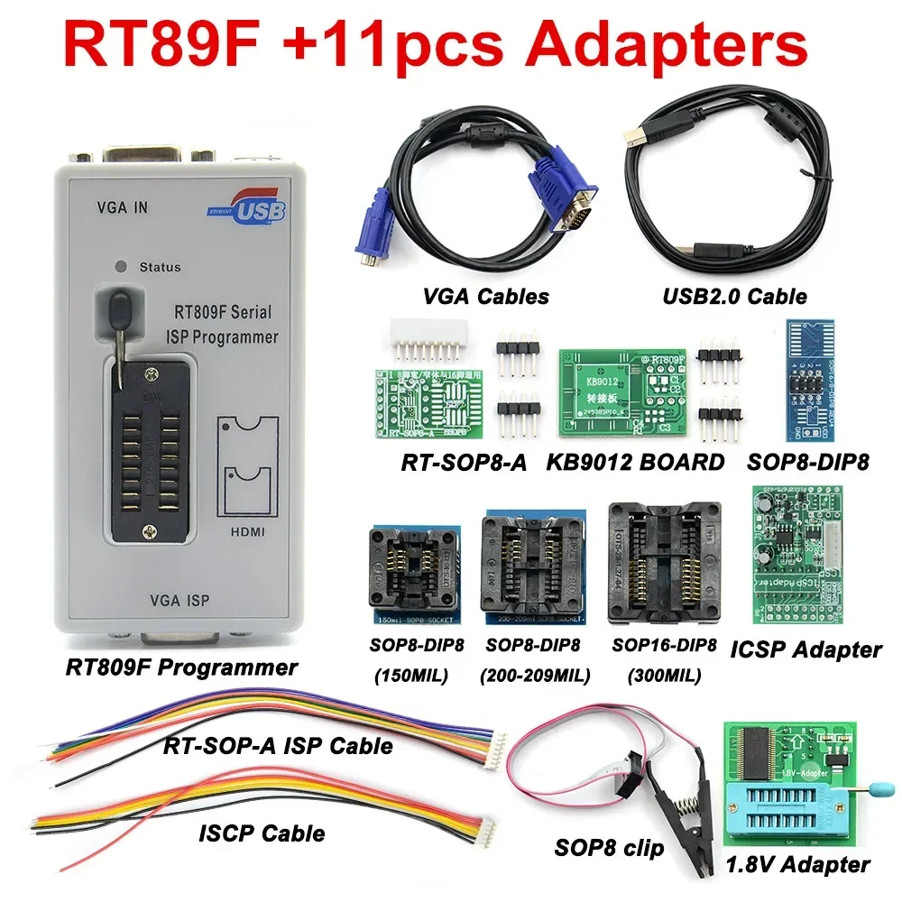 Original RT809F Serial ISP Programmer LCD Usb Repair Tool 1.8v Adapter SOP8 Test Clip EDID Cable ICSP Bios Universal Programmer