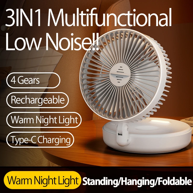 5000mAh wiederaufladbarer kleiner tragbarer Ventilator – 2026 Neues Modell, 90 ° Faltbarer Tisch- und Wandventilator, 4 Geschwindigkeiten mit warmem Nachtlicht – Detail 4