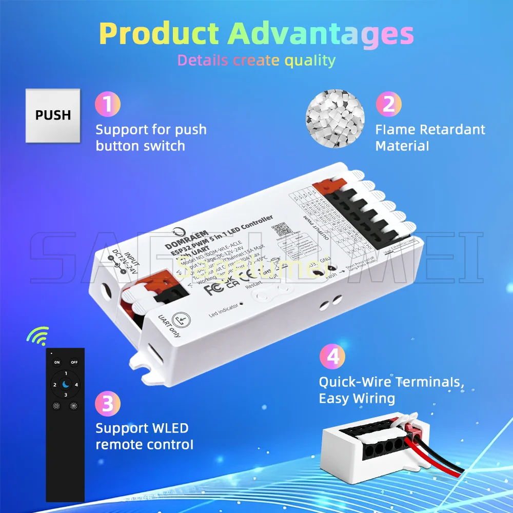 

ESP32 Work with RGBCCT RGBW RGB CCT Singlecolor PWM 5 in 1 LED controller with UART WiFi WLED APP DIY port for switch connection