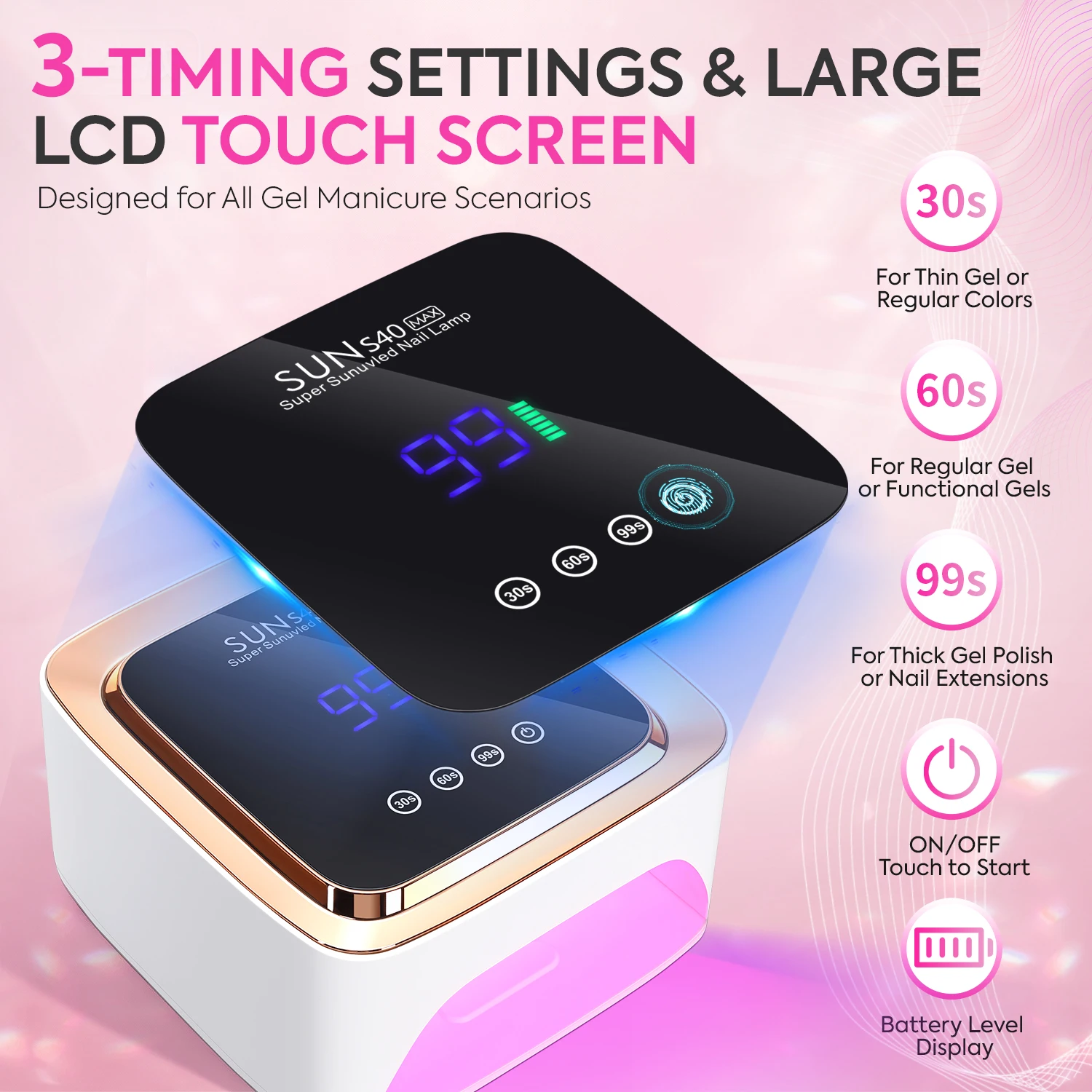 コードレス UV/LED ネイルランプ (57 ビーズ) – 3 タイマー設定、取り外し可能なベース、2000mAh 充電式バッテリー