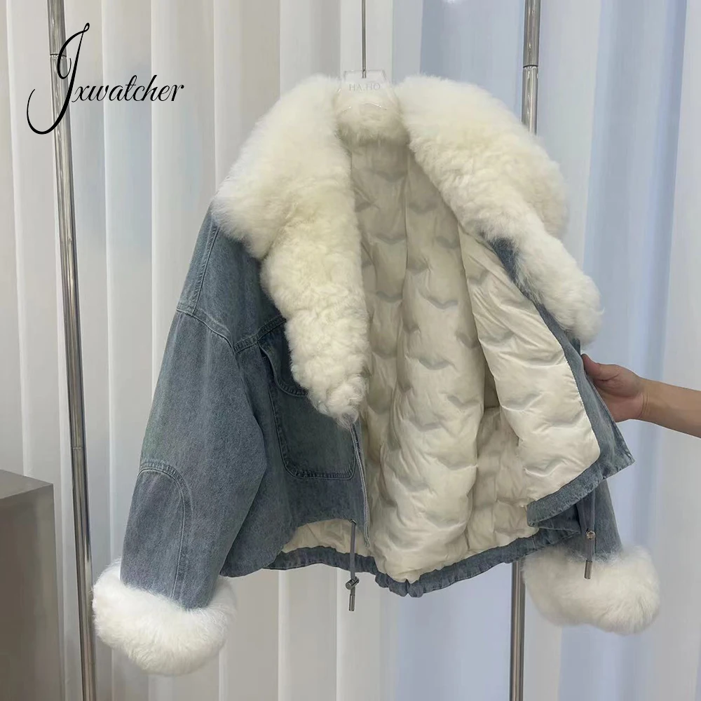 Jxwatcher Women's Down Jacket Real Lamb Fur Turn-Down Collar Down Coat Lady Winter Warm Denim Jacket with Down Liner New Arrival