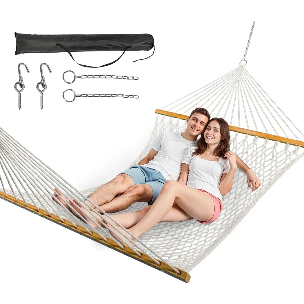 Two-Person Handwoven Rope Hammock with Spreader Bar - Indoor & Outdoor Use for Patio, Backyard (White)