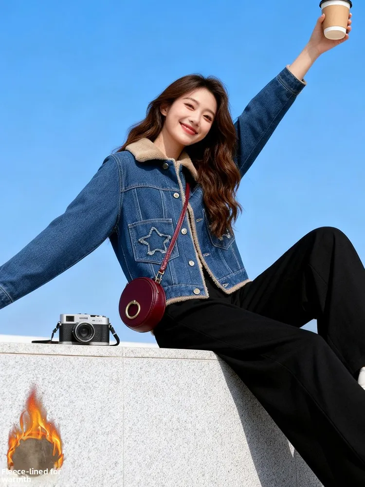 Faionable Afslanken ort Denim Jaet vrouwen Herfst Winter Nieuwe Sle Fce Thiened Kleine Fraance Sle Bontkraag Top