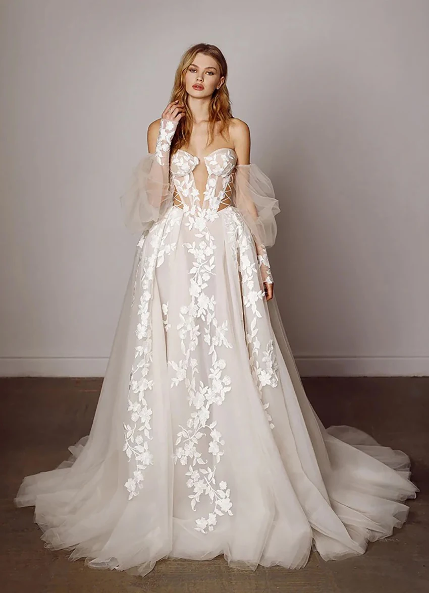 

Lzhk Customized Graceful Tulle A-Line Off the Shoulder Appliques Evening Dress Temperament Sweetheart Long Sleeves Prom Gowns