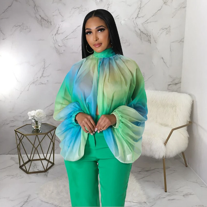 Gradient Print Batwing Sleeve Chiffon Shirts Long Sleeve Front Split Sexy See Through Casual Loose Asymmetrical Tops Streetwear