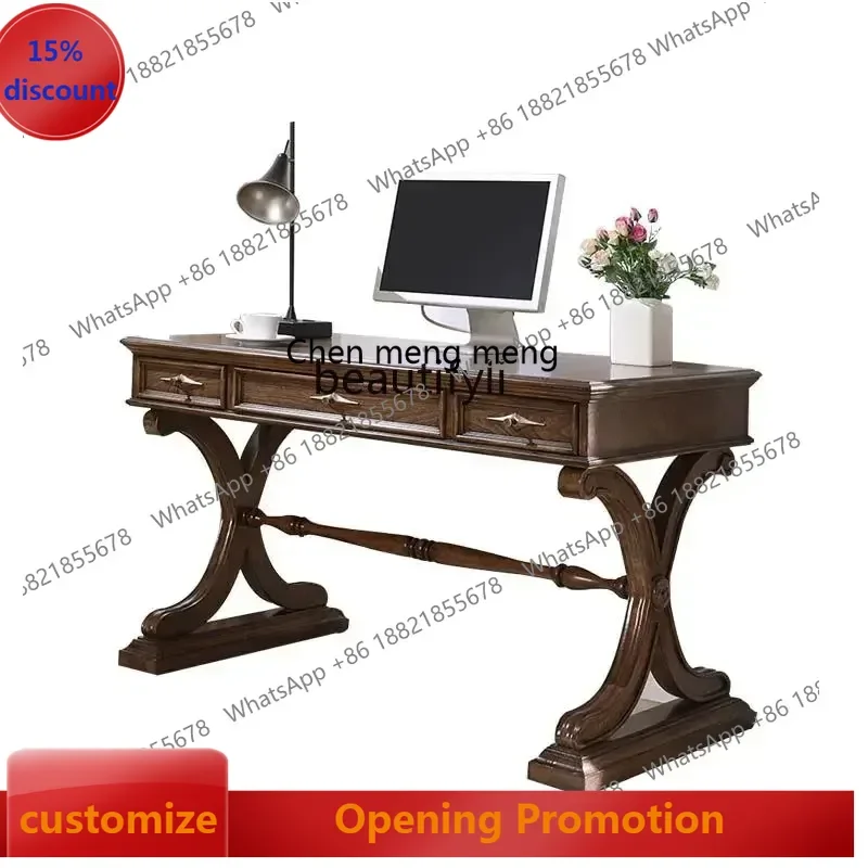 

ss7486 American simple solid wood retro desk European carved home desk modern computer desk study New Light Luxury