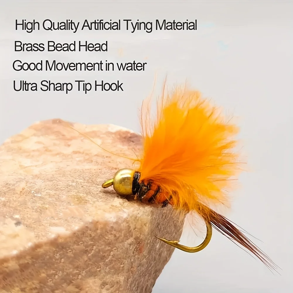 Wet Fly Fishing Lures, Extra Large Brass Beads, Orange Body, Ideal for All Waters, Targets Trout & Bass, Freshwater & Saltwater,
