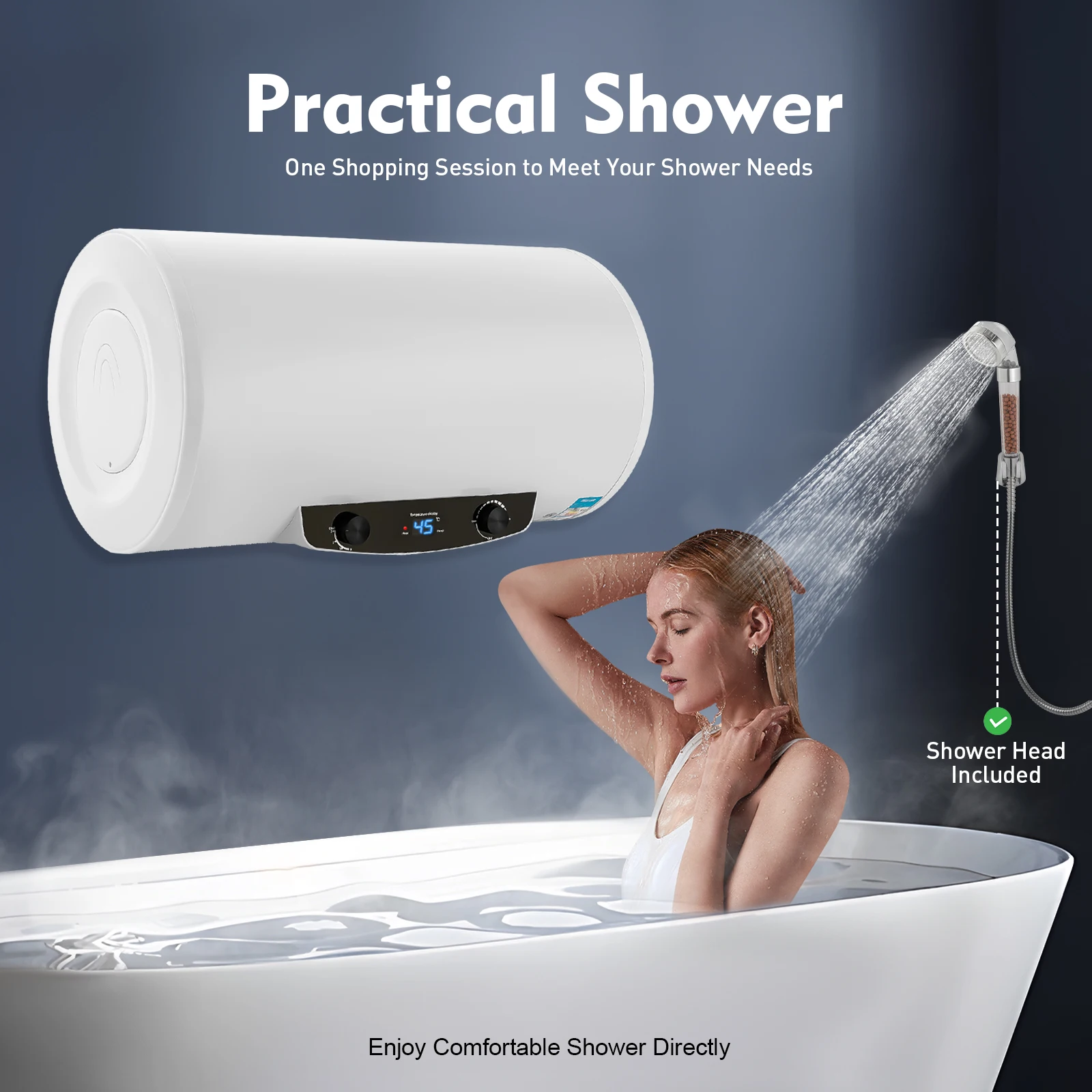 Chauffe-eau électrique 70 litres avec douchette à main 220V réservoir d'eau chaude électrique horizontal mural 25-75 ° C Chaudière à eau chaude