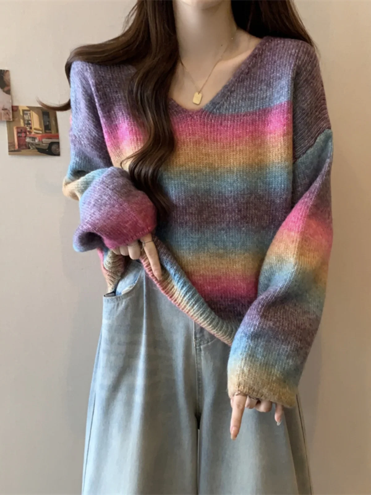 Graduated Color Stripes Long Sleeve Knitted Base Shirt Women's Spring Autumn plus Size Beautiful Slimming European Style Swea...