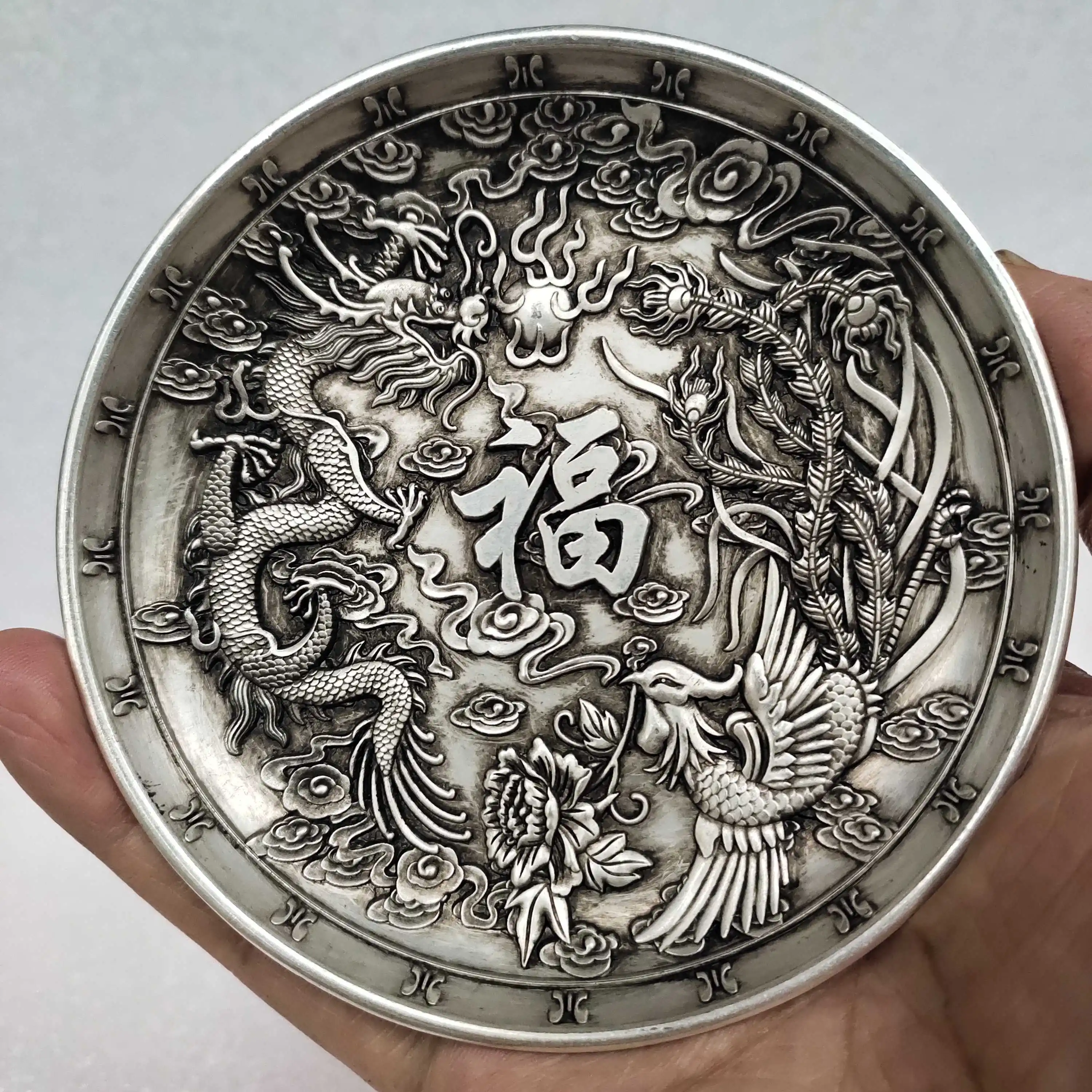 Old silver-plated dragon flying phoenix dance plate dragon and phoenix blessing word plate home craft