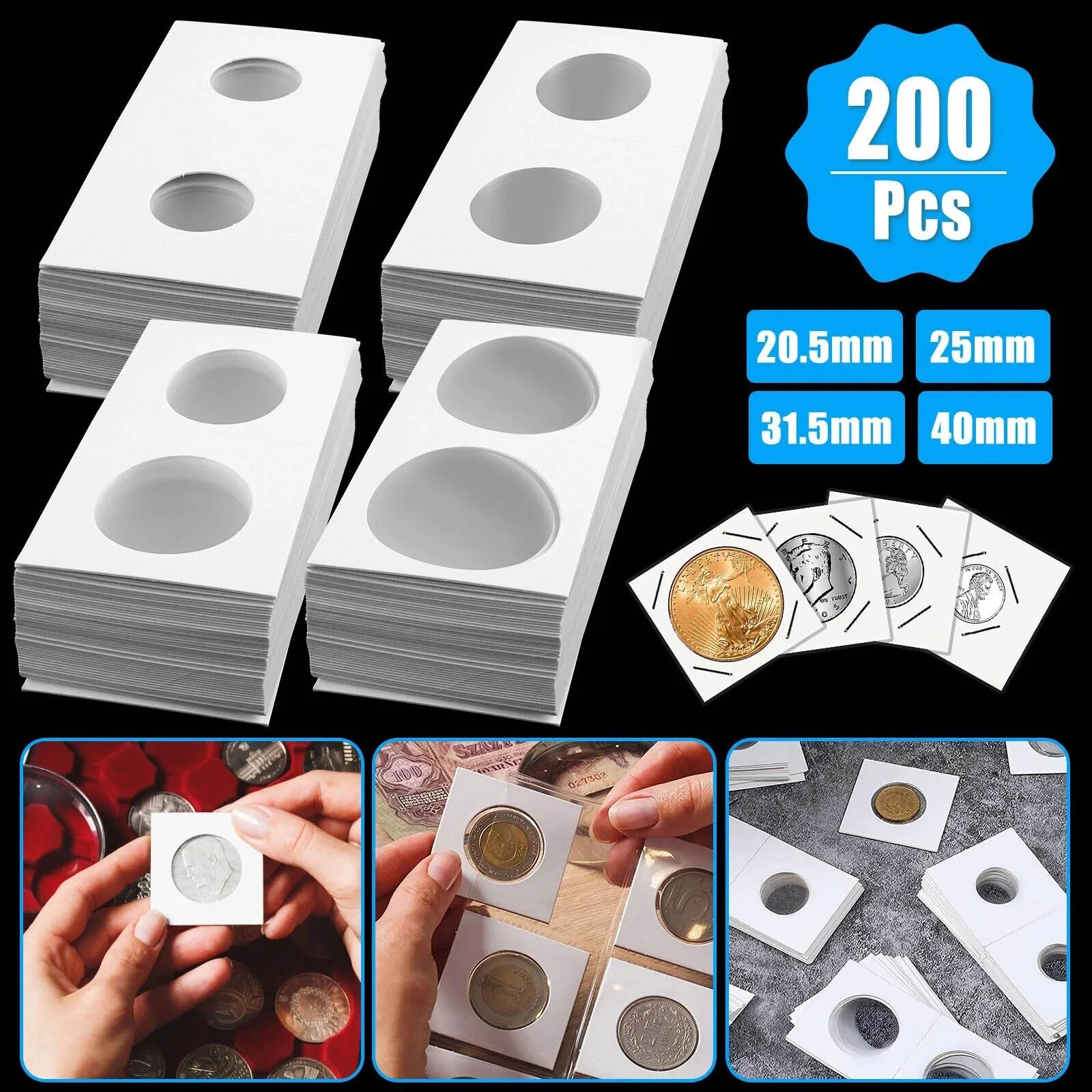 200PCS Cardboard Coin Holders 4 Sizes 20.5-40mm, Coin Flips for Coin Collection Storage, Penny Quarter Dollar