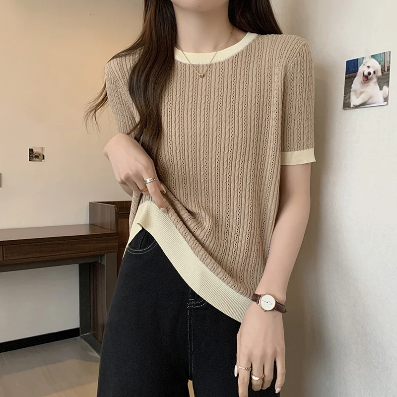 Summer Houndstooth Knit Thin Tops Oversized Pullovers Women Short Sleeve O-neck Sweaters Fashion Chic Sweet Ladies Knitwear 2023