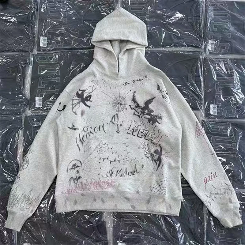 

Полный принт, ручная роспись, граффити, ретро, стираная серая толстовка с капюшоном High Street, большие размеры для мужчин и женщин, высокое качество, 100% хлопок, с капюшоном
