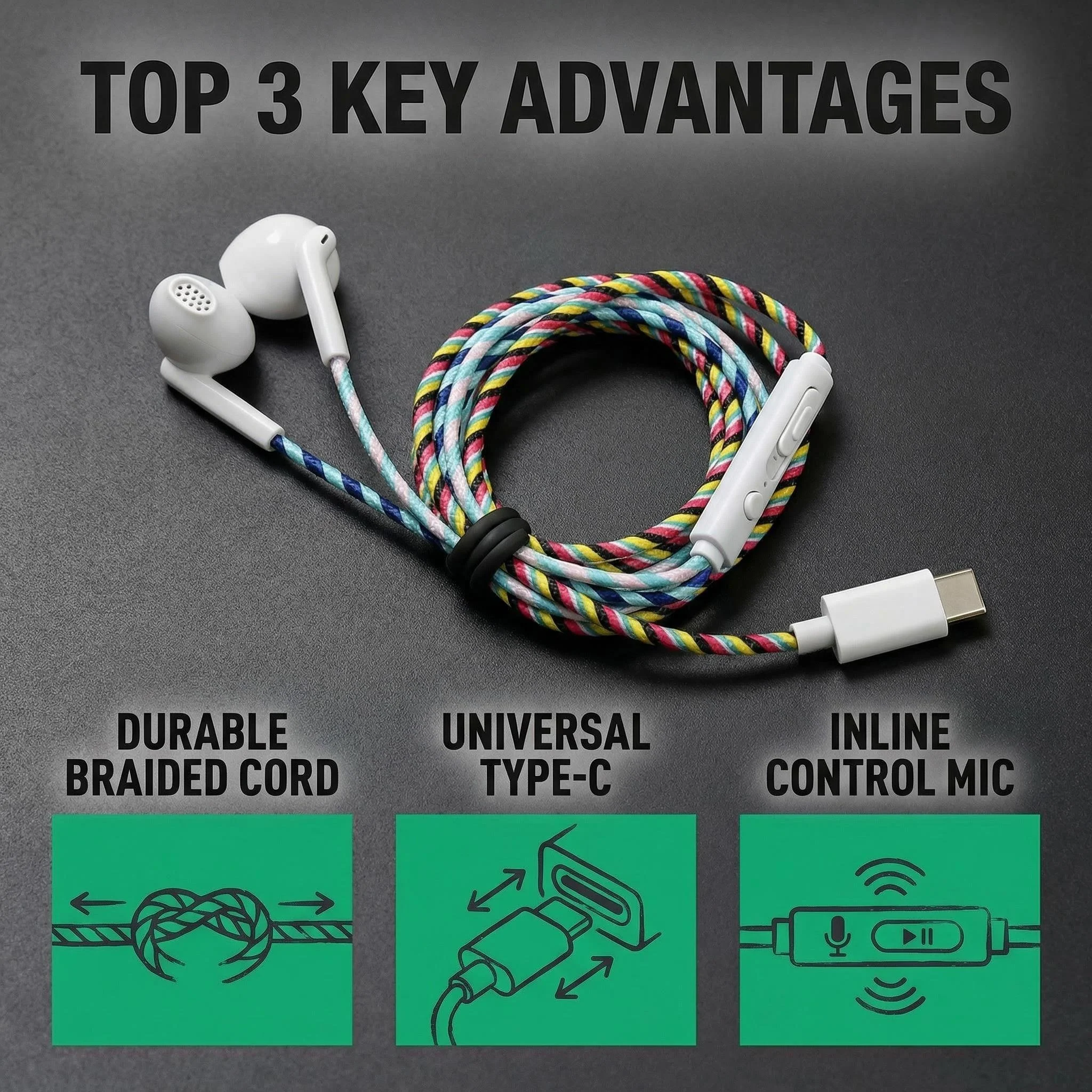Typ-C 3,5mm Kabelgebundene Kopfhörer Geflochtenes Langlebiges Kabel Plug-and-Play Eingebautes Mikrofon Ein-Klick-Anruffunktion für Musik und Anrufe für Smartphone Tablet PC – Detail 3